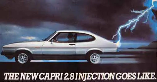 A Ford Caprii advert with lighting striking the car