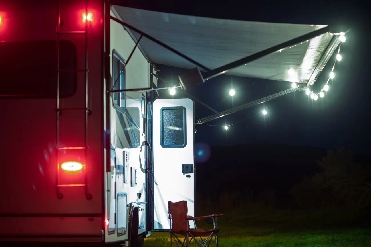An awning decorated in fairy lights