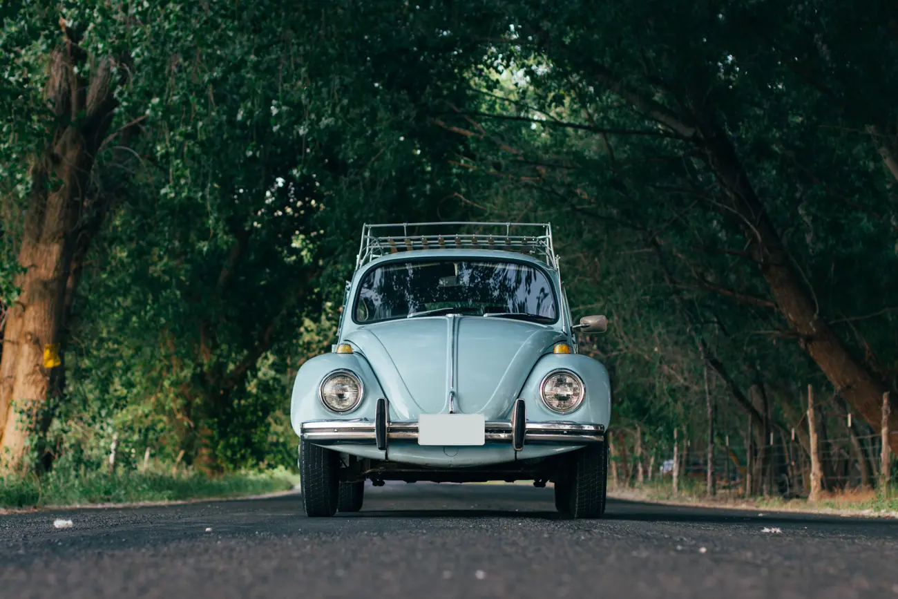 A blue VW Beetle parked in the middle of a road with rows of trees either side
