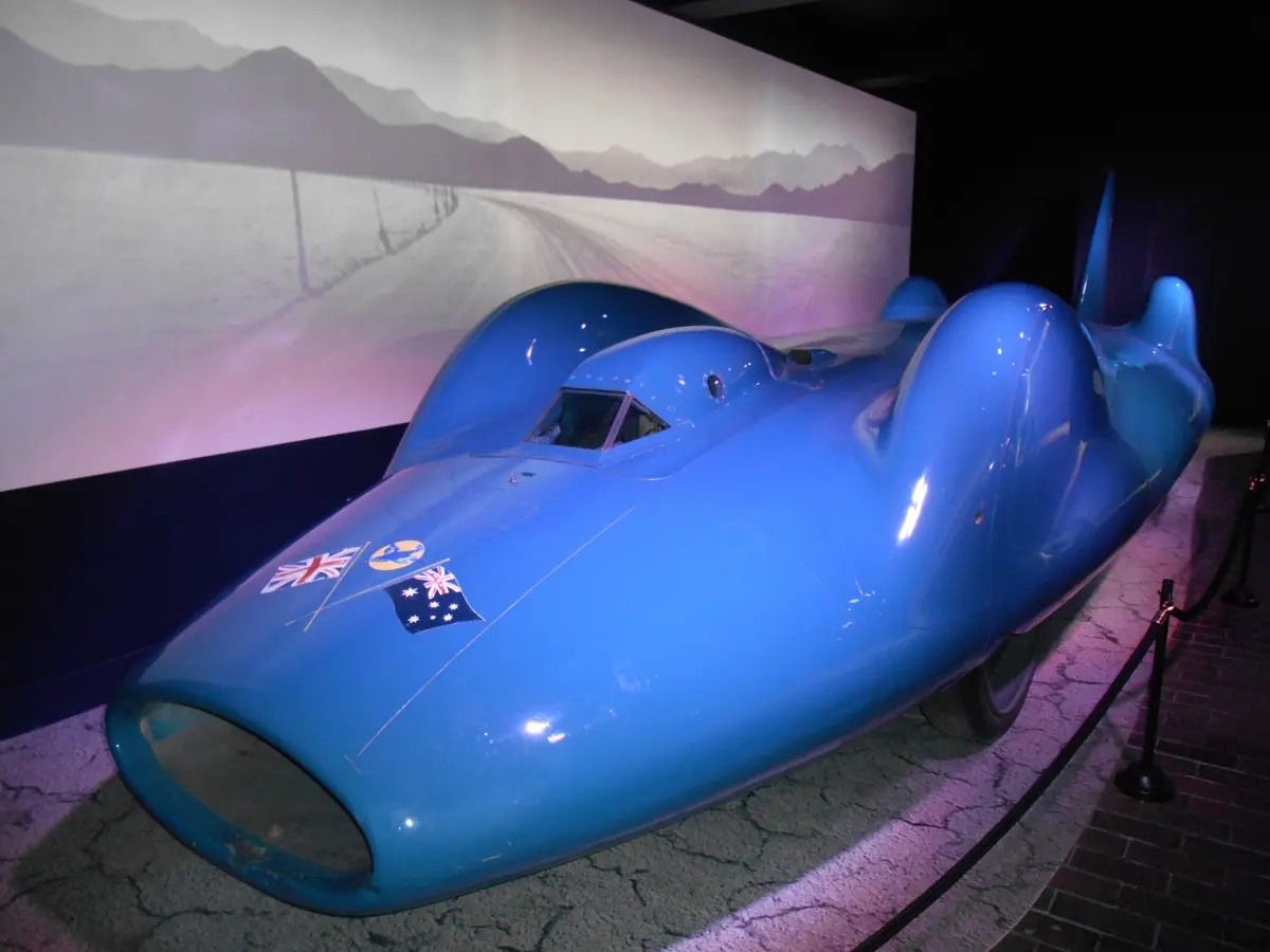 The Bluebird Proteus on display at the National Motor Museum