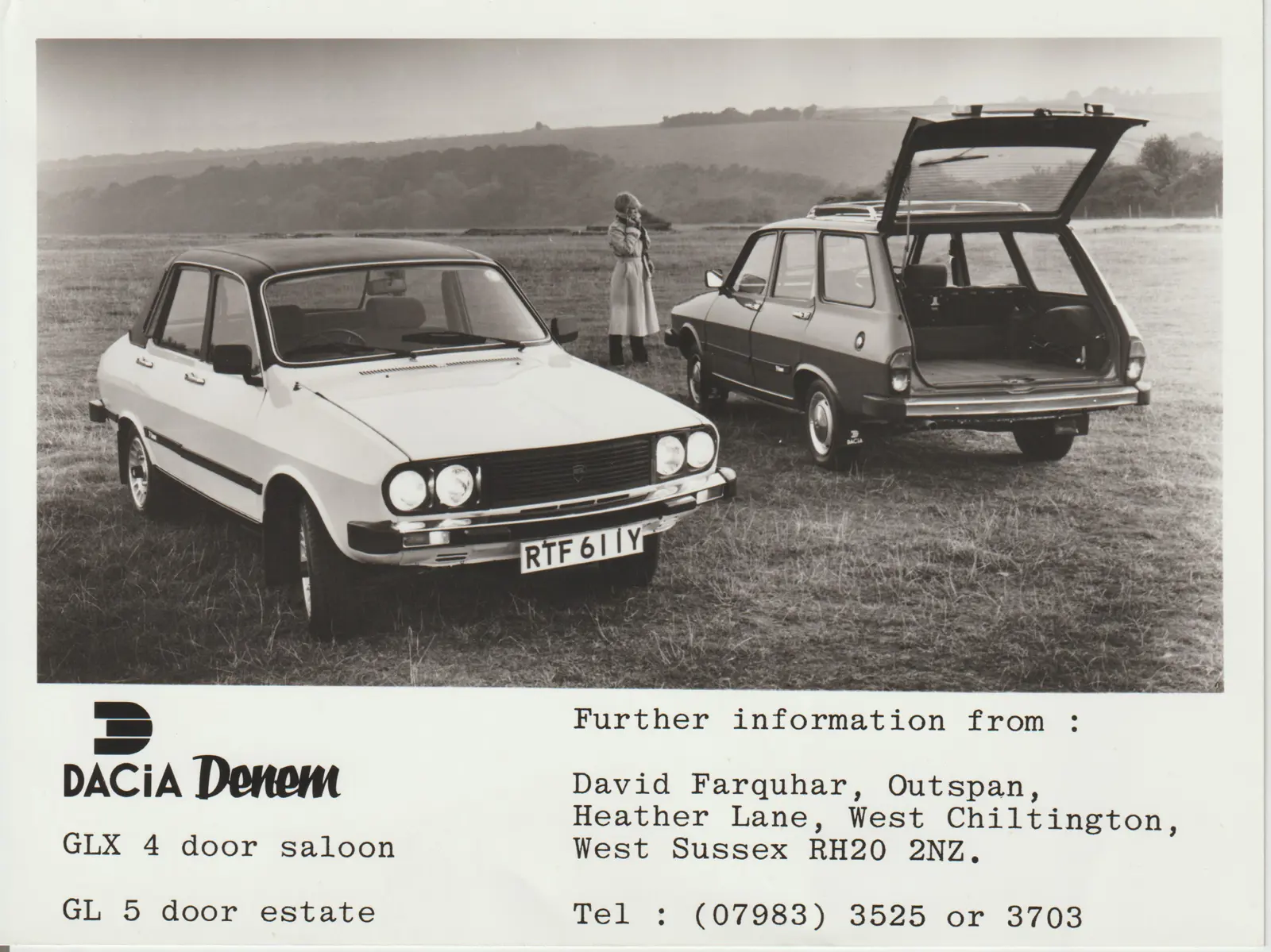 A poster advertisement for the Dacia Denem with two Denems parked high up in the South Downs, West Sussex, one of them an estate version